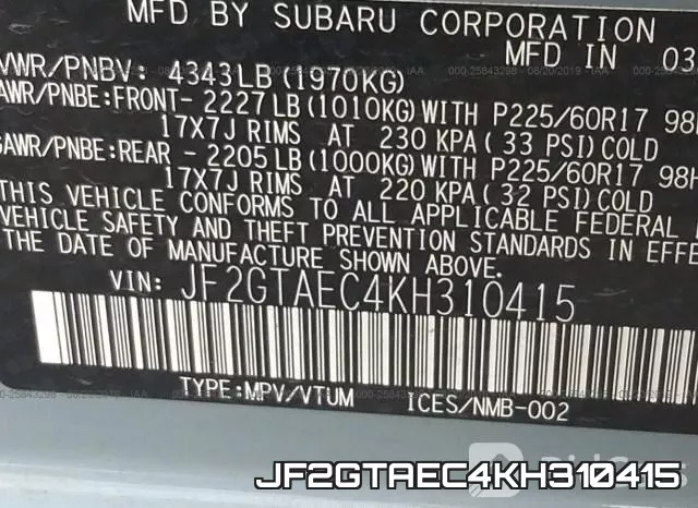 JF2GTAEC4KH310415 фото 9