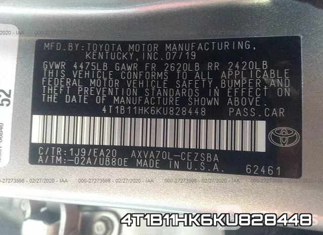 4T1B11HK6KU828448 фото 6