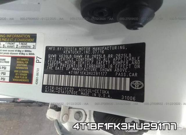 4T1BF1FK3HU291177 фото 8