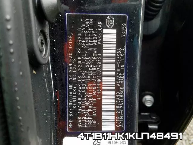 4T1B11HK1KU748491 фото 2