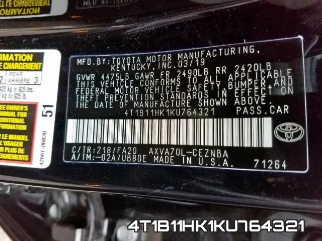 4T1B11HK1KU764321 фото 2
