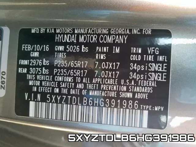 5XYZTDLB6HG391986 фото 2