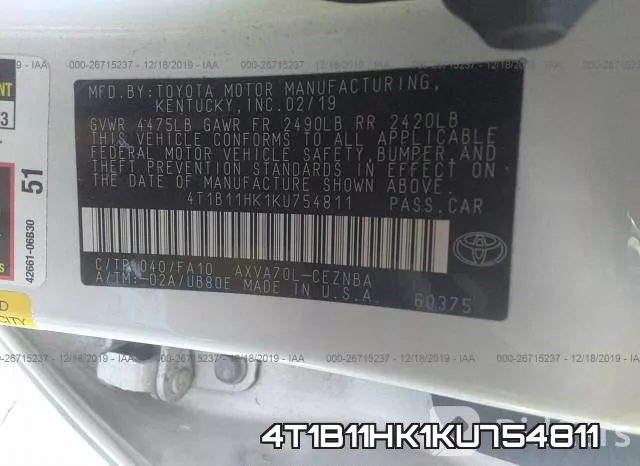 4T1B11HK1KU754811 фото 8