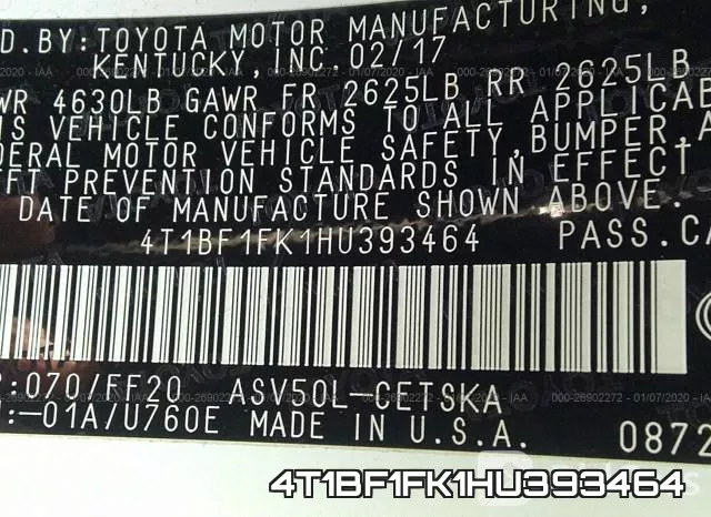 4T1BF1FK1HU393464 фото 5