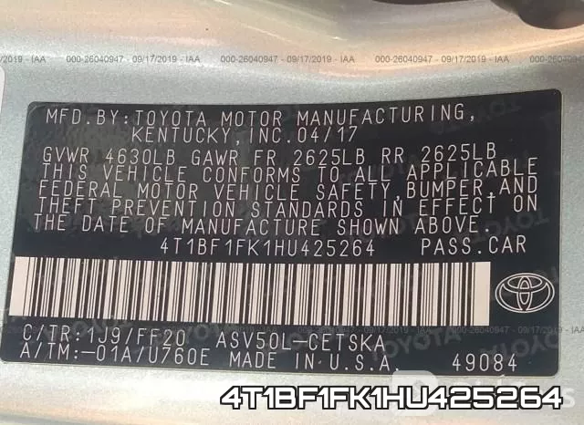 4T1BF1FK1HU425264 фото 5