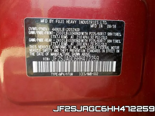 JF2SJAGC6HH472259 фото 2