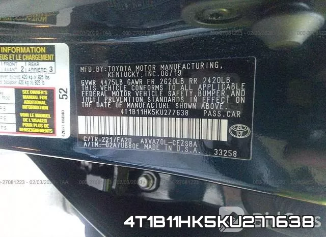 4T1B11HK5KU277638 фото 6
