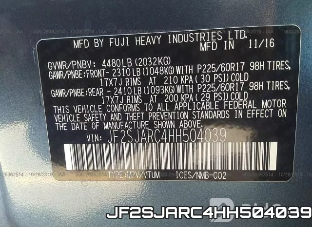 JF2SJARC4HH504039 фото 8