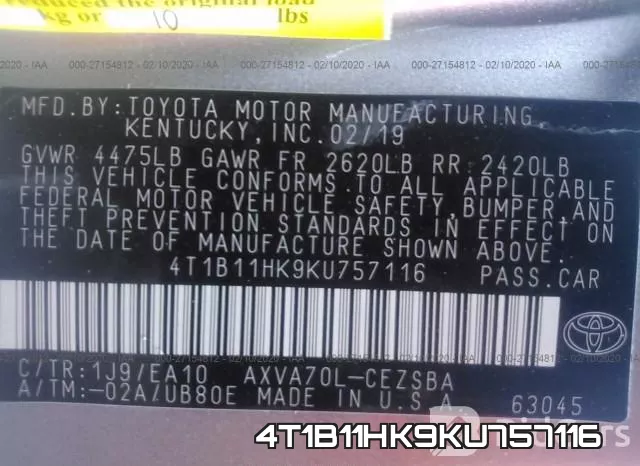 4T1B11HK9KU757116 фото 4