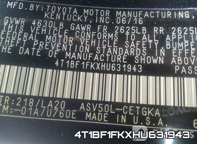 4T1BF1FKXHU631943 фото 5