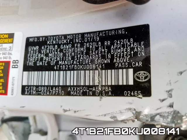 4T1B21FB0KU008141 фото 2
