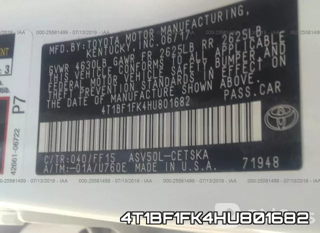 4T1BF1FK4HU801682 фото 8