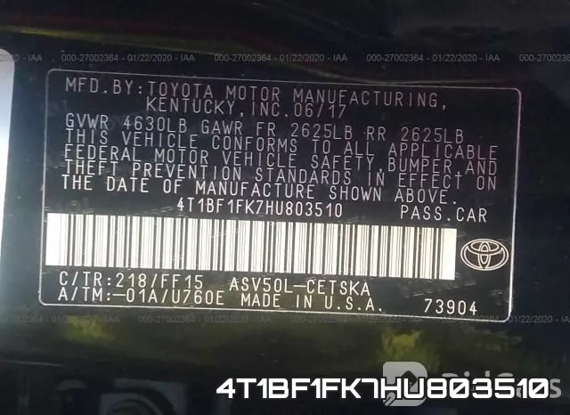 4T1BF1FK7HU803510 фото 8