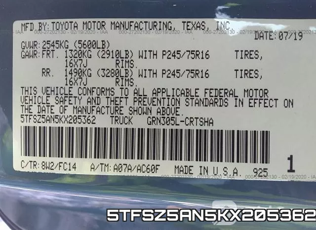5TFSZ5AN5KX205362 фото 8