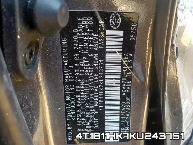4T1B11HK7KU243751 фото 2