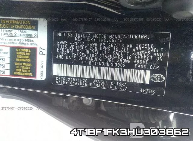 4T1BF1FK3HU303862 фото 7