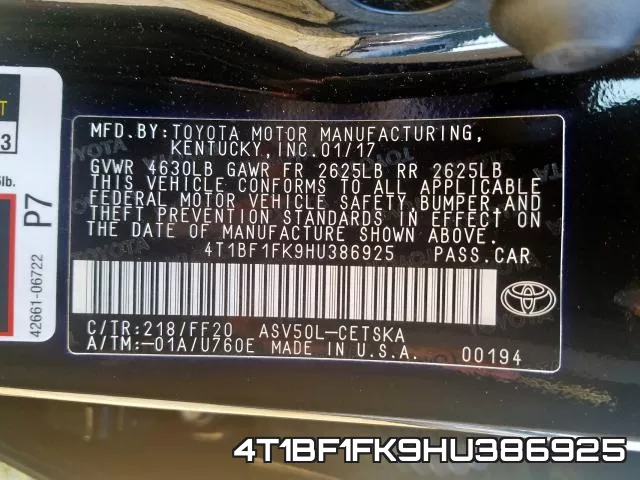 4T1BF1FK9HU386925 фото 2