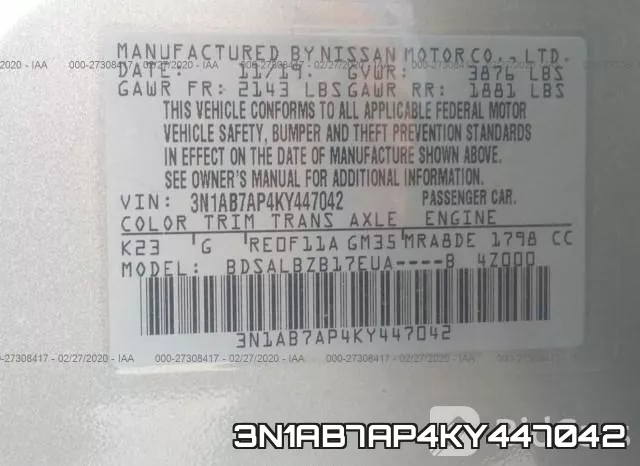 3N1AB7AP4KY447042 фото 4