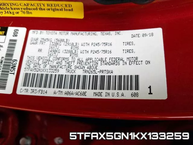5TFAX5GN1KX133259 фото 2