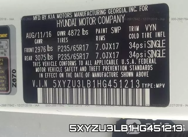 5XYZU3LB1HG451213 фото 3