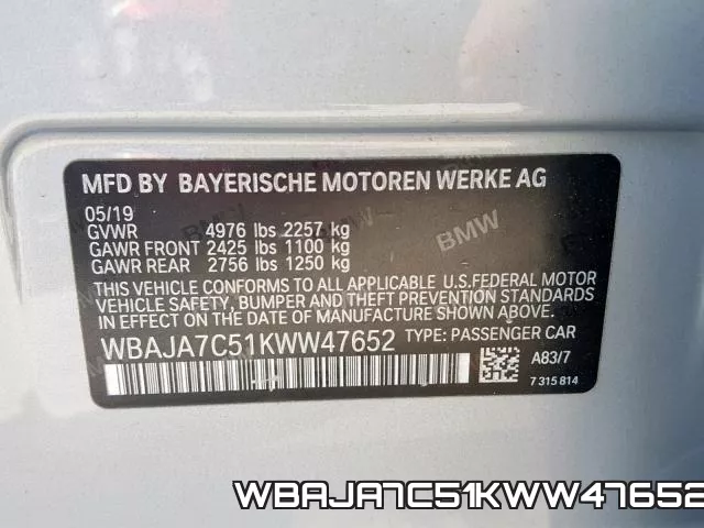 WBAJA7C51KWW47652 фото 2