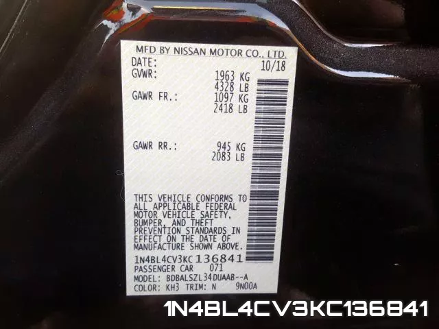1N4BL4CV3KC136841 фото 2