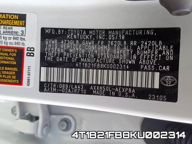 4T1B21FB8KU002314 фото 2