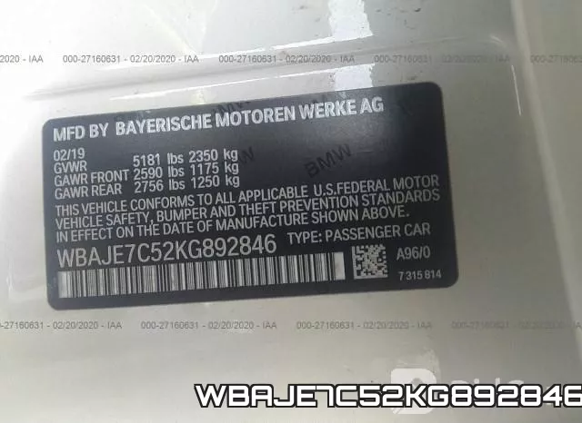 WBAJE7C52KG892846 фото 10