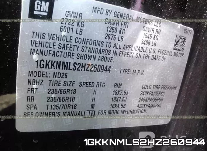 1GKKNMLS2HZ260944 фото 10