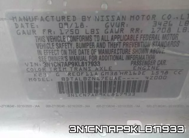 3N1CN7AP9KL817933 фото 7
