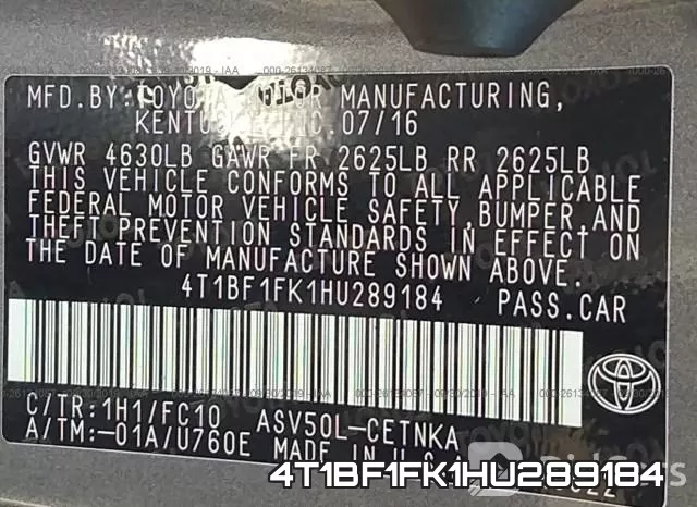 4T1BF1FK1HU289184 фото 3