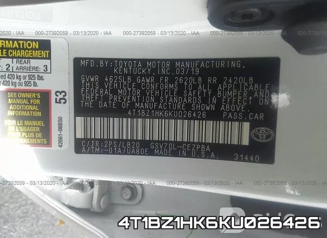 4T1BZ1HK6KU026426 фото 9
