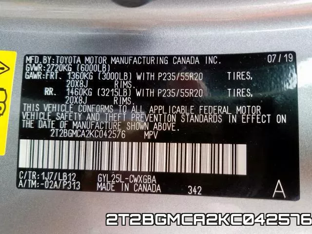 2T2BGMCA2KC042576 фото 2