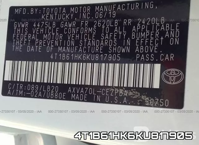 4T1B61HK6KU817905 фото 7