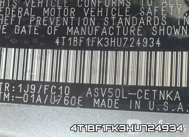 4T1BF1FK3HU724934 фото 10
