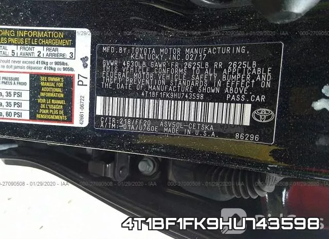 4T1BF1FK9HU743598 фото 10