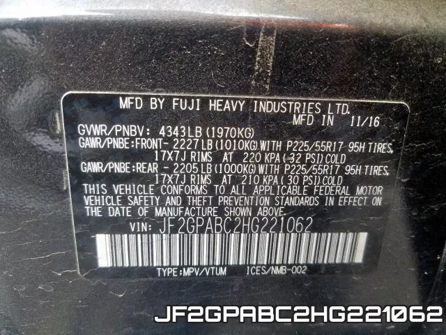 JF2GPABC2HG221062 фото 2