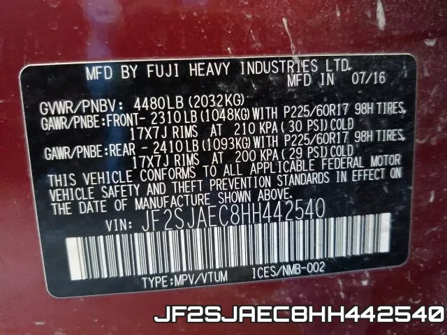 JF2SJAEC8HH442540 фото 2