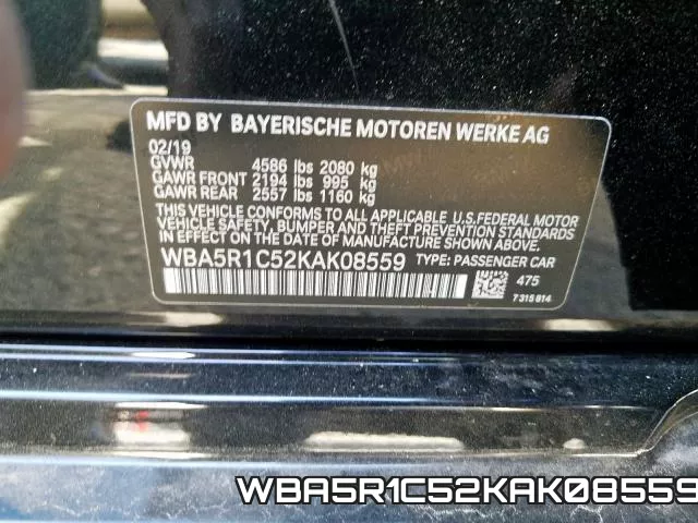 WBA5R1C52KAK08559 фото 2