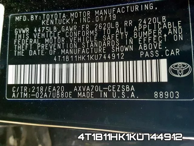 4T1B11HK1KU744912 фото 2