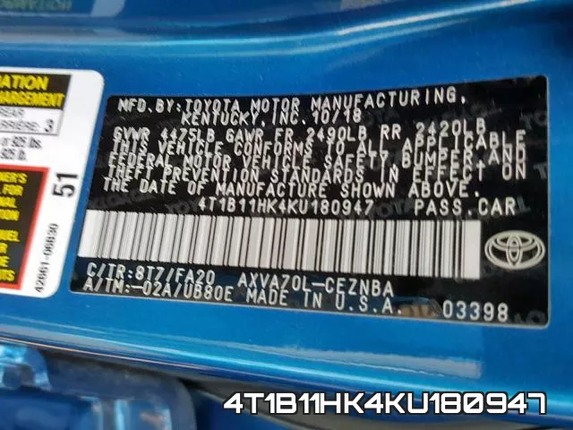 4T1B11HK4KU180947 фото 2