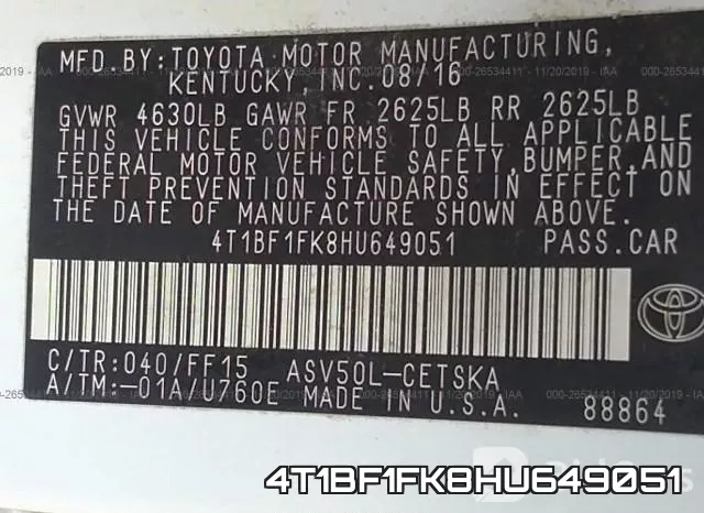 4T1BF1FK8HU649051 фото 7