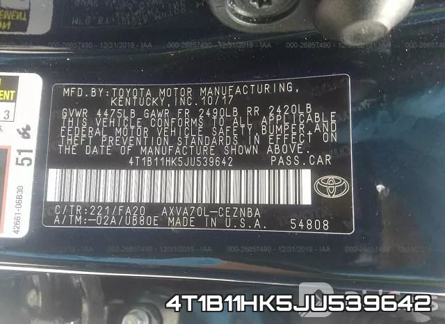 4T1B11HK5JU539642 фото 10