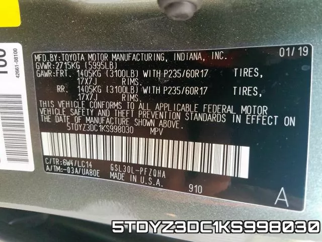 5TDYZ3DC1KS998030 фото 2