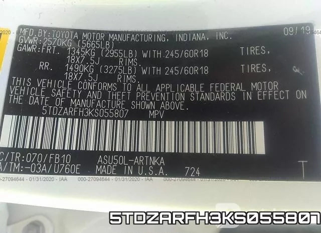 5TDZARFH3KS055807 фото 10