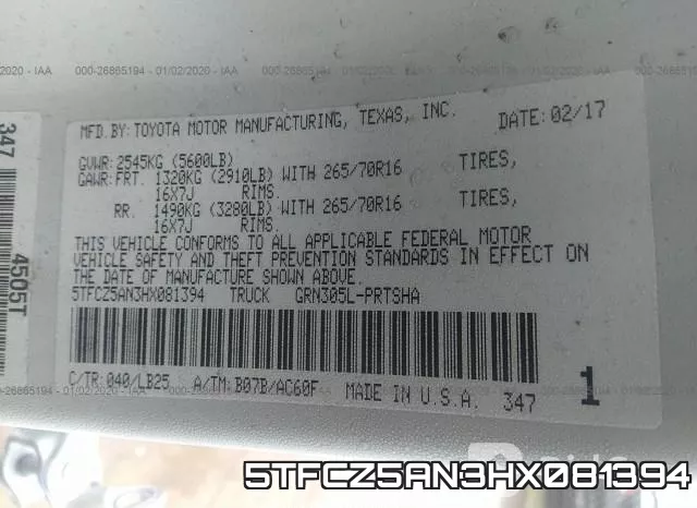 5TFCZ5AN3HX081394 фото 6