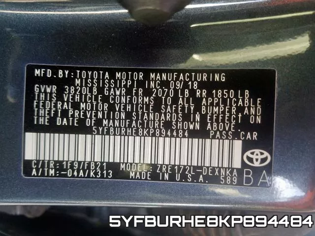 5YFBURHE8KP894484 фото 2