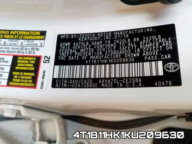 4T1B11HK1KU209630 фото 2