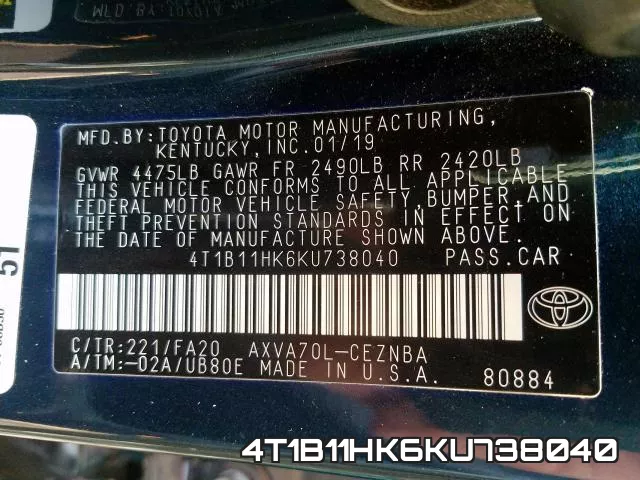 4T1B11HK6KU738040 фото 2