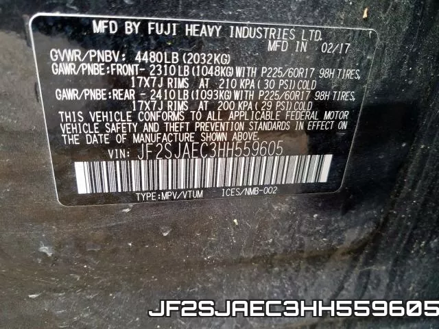 JF2SJAEC3HH559605 фото 2